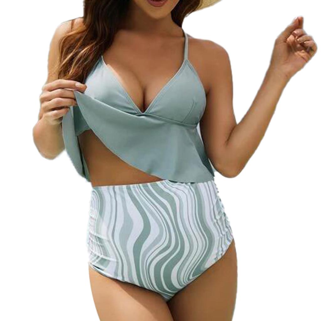 Women Two Pieces Bathing Suit Top Ruffled With High Waisted Bottom Bikini Set