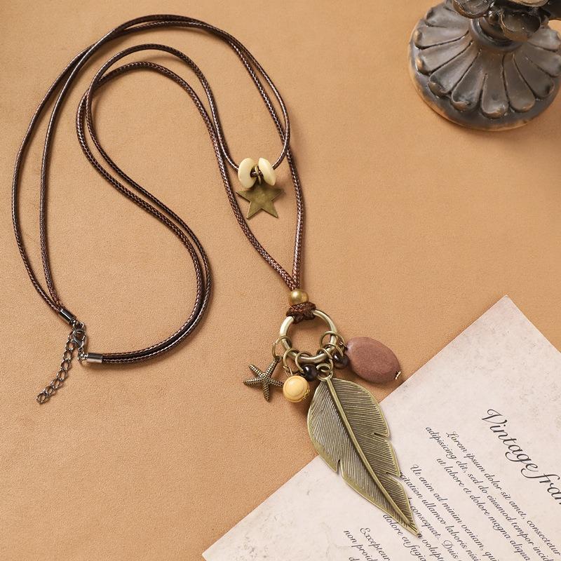 Handmade long necklace, retro literary sweater chain, niche double-layer stacked women's cotton and linen accessories