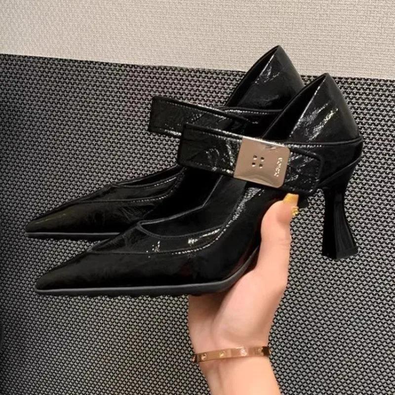 Soft Leather Pointed Toe Single Shoes Women's Autumn New Shallow Mouth Metal Buckle Temperament Fashion High Heels