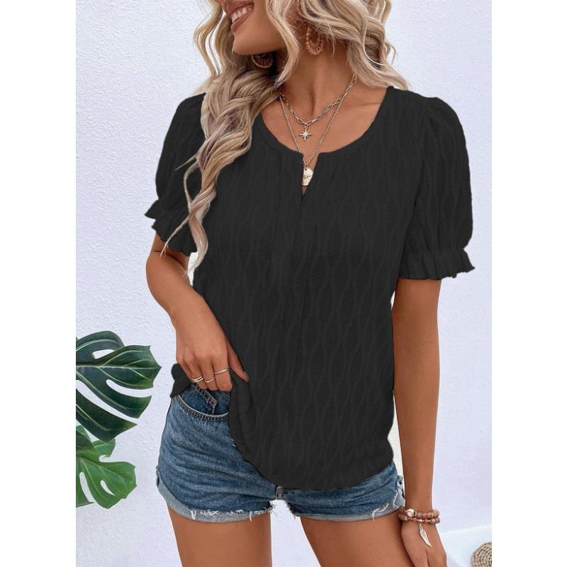 Spring and Summer New V-neck T-shirt Puffed-sleeve Jacquard Women's Casual Loose Short Sleeve