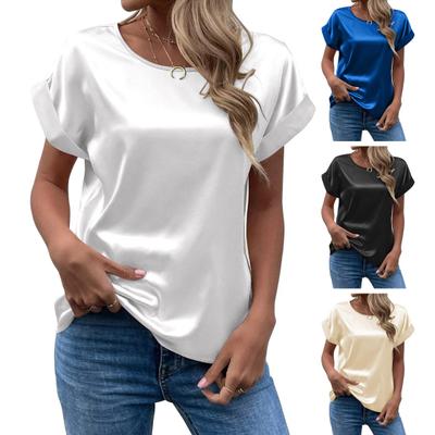 Women Satin Tops Casual Loose Short Sleeve Crew Neck Blouse Summer Silky Shirts Work Business Outfits