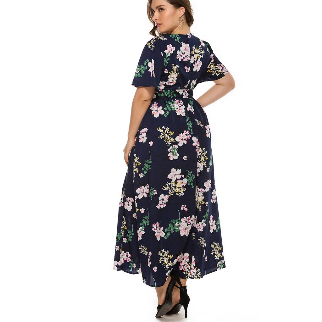 Women Plus Size Print Shourt Sleeve Fashion V-Neck Knee Length Dress