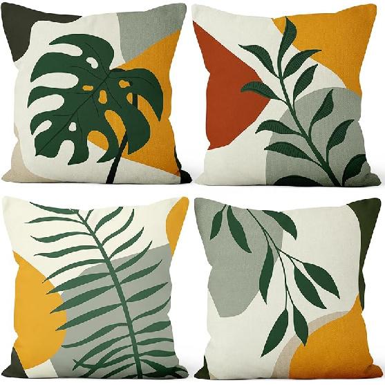 4 Pcs/Set Tropical Leaves Throw Pillow Covers Green Sage Palm Leaf Boho Plants Mid Century Modern Abstract Geometric Outdoor Pillow Covers for Sofa 18  x 18  (Pack of 4)