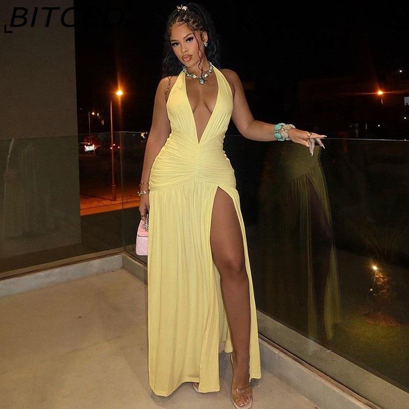 BITCED Summer Women's Elegant Halterneck V-Neck Maxi Dress Seductive Slit with Pleated Backless Design