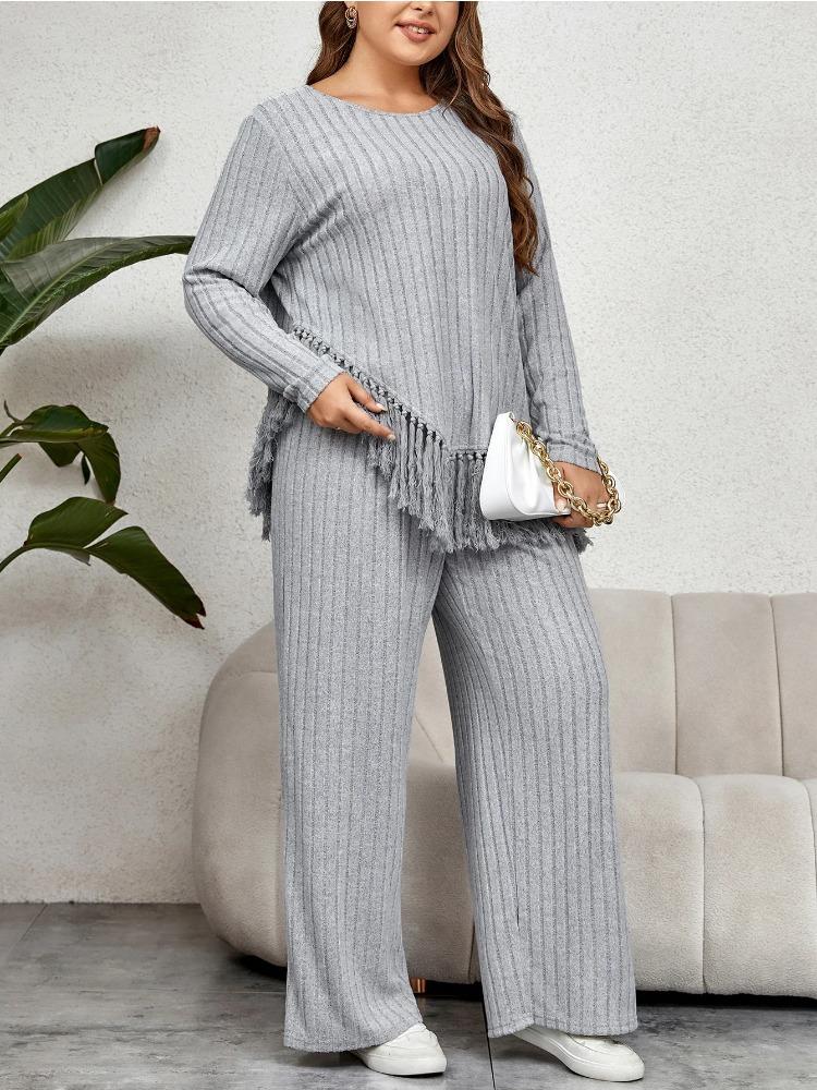 Taglie Forti Donne Stile Casa Completo Due Pezzi Autunno Casual Girocollo Maniche Lunghe Top con Orlo con Frange con Set di Pantaloni a Gamba Larga