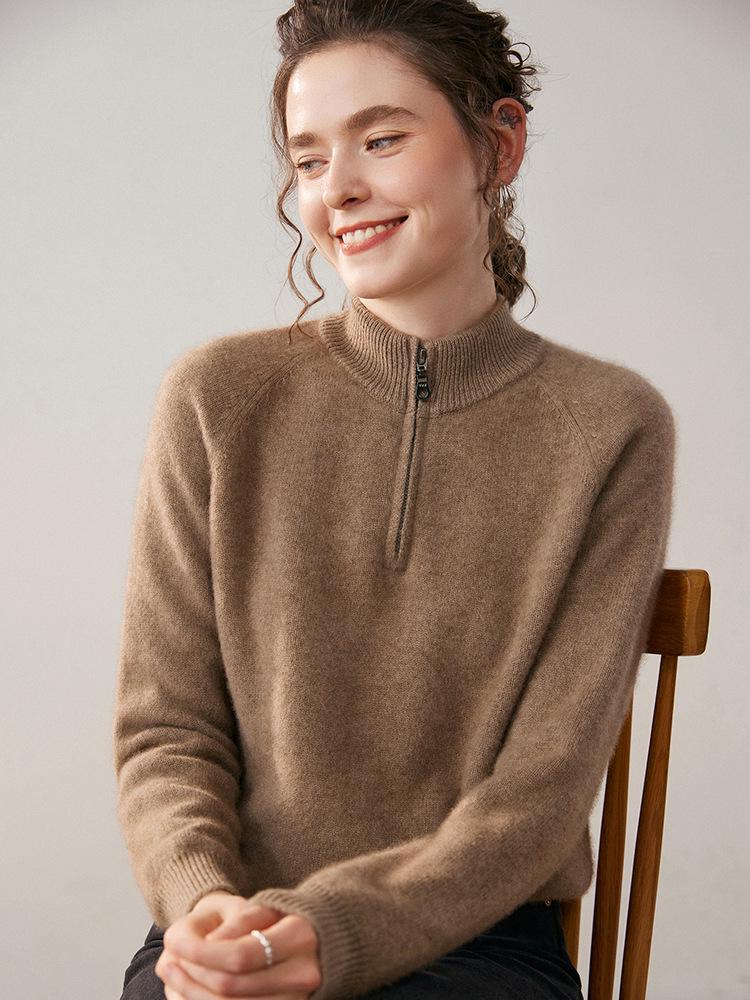 Women's Cashmere Half-Zip Pullover: Versatile Loose-Fit Solid Knit Sweater for Autumn/Winter