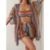 White 3 Piece Bikini Set with Tassel Cover Up Kimono and Shorts Boho Beachwear