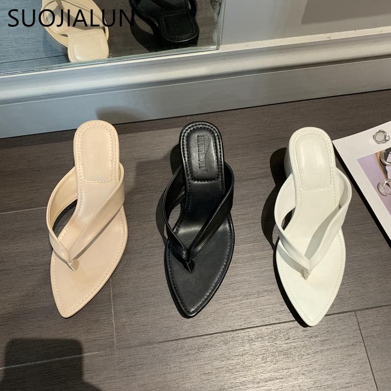Fashion SUOJIALUN 2024 Summer New Brand Women Slipper Fashion Pointed Toe Slip On Flip Flop High Wedge Heel Ladies Beach Slides Shoes