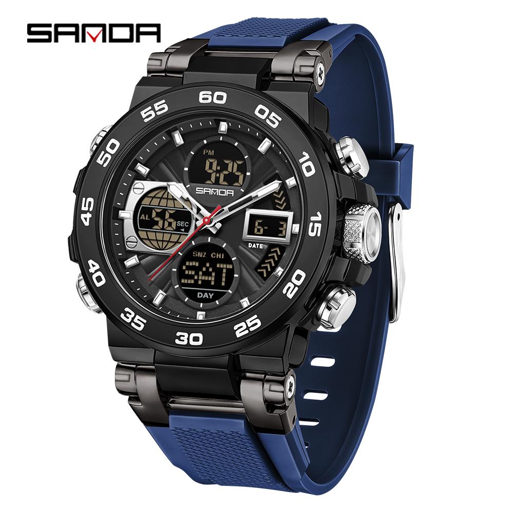 SANDA 6312 New Steel Strip Sports Watch Dual Display Dual Movement 5ATM Waterproof Multi functional Men's Electronic Watch-1