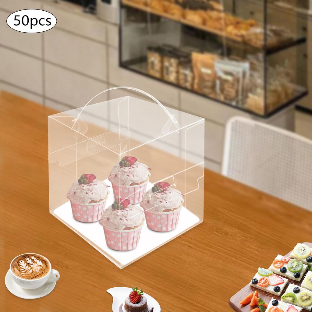 50 Pcs Clear Square Cake Boxes, 4 In Transparent Dessert Container with Lid, 13x13x13cm Food Storage, Party Baking Display Case