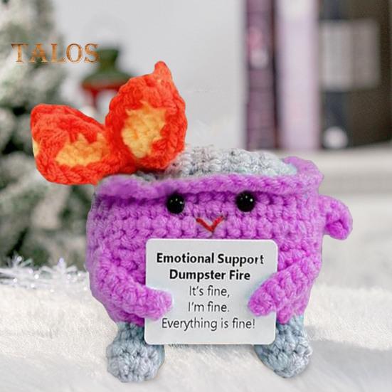 2Pcs Positive Crochet Flame Dumpster with Encouraging Card Emotional Support Handmade Knitting Trash Can Doll Decoration Ornament