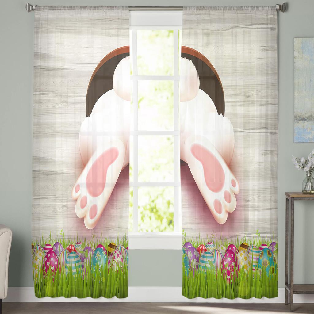Happy Easter Bunny Butt Grass Egg Tulle Curtains For Living Room Bedroom Voile Sheer Curtain Window Home Decor Drapes