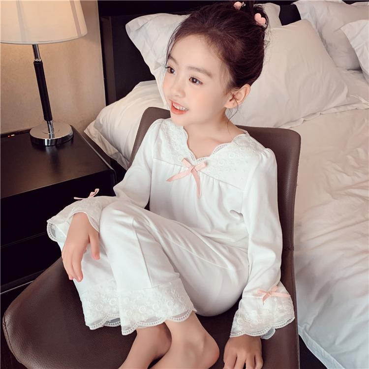Girls' Home Clothes Set Spring and Autumn New Lace Lace Children's Loose Long Sleeve Pajamas Sleepy Pants Sweet Two Piece Set