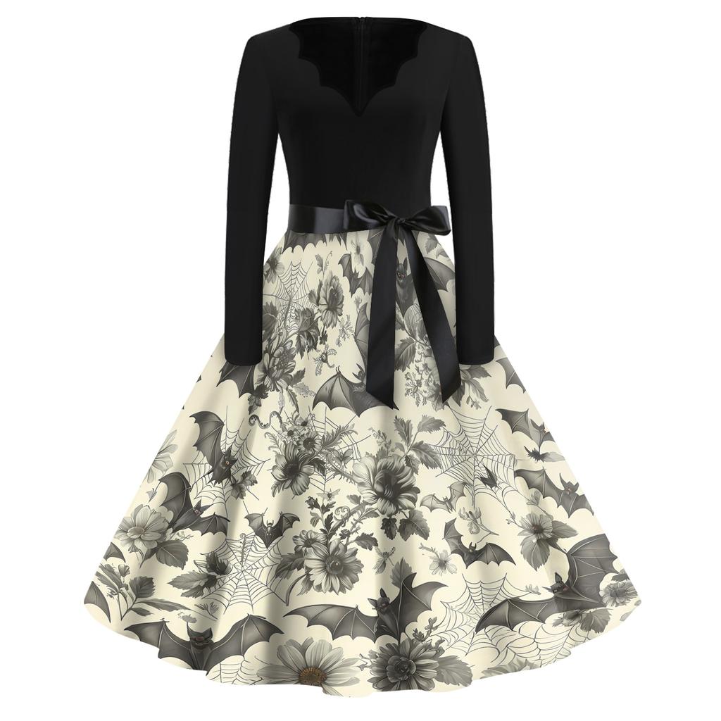 Women's Casual Vintage Halloween Dress V Neck Long Sleeve Retro Printed Swing Dress with Waist Tie Belt for Fall Seasonal Wear