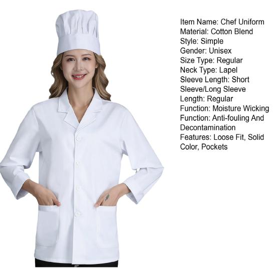 Jednolity dekolt w serek, guziki z przodu, unisex, odzież robocza z praktycznymi kieszeniami, profesjonalny uniform kuchenny