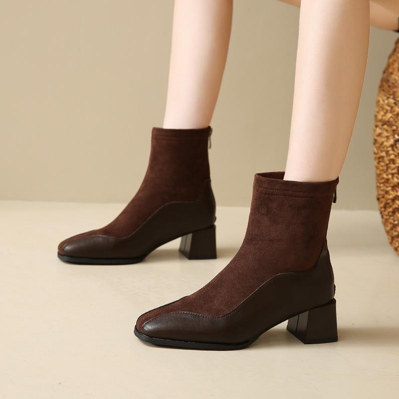 Moda Nuevo Estilo Vintage Tacón Grueso Punta Cuadrada Botines de Tobillo para Mujer Cremalleras Traseras Zapatos Otoño Invierno Botines Cortos Elegantes Adelgazantes para Damas