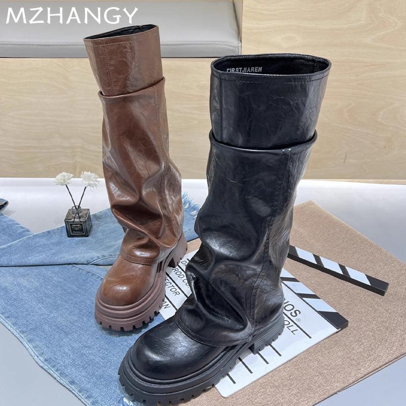 Fashion Women Platform High Boots Leather Knee High Flats Shoes Woman 2025 Trend Winter Fashion Dress Goth Retro Motorcycle Boots Mujer