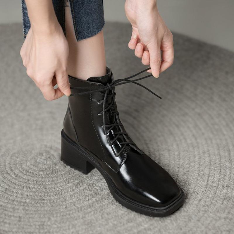 Fashion Stylish Single Boots Autumn New Square Toe Lace-Up Front Rear Zipper Anti-Slip Wear-Resistant Block Heel Short Boots