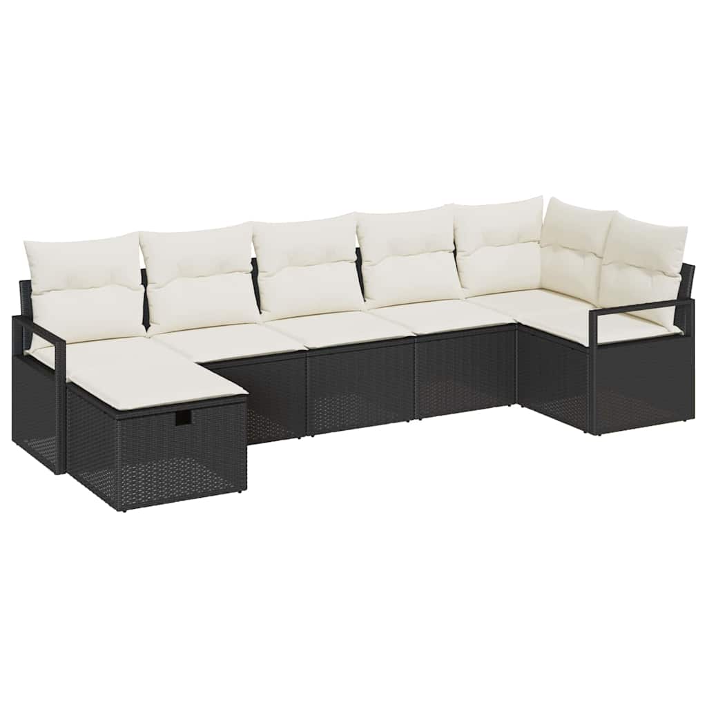 7 Piece Sofa Set with Cushions Black and Cream Poly Rattan