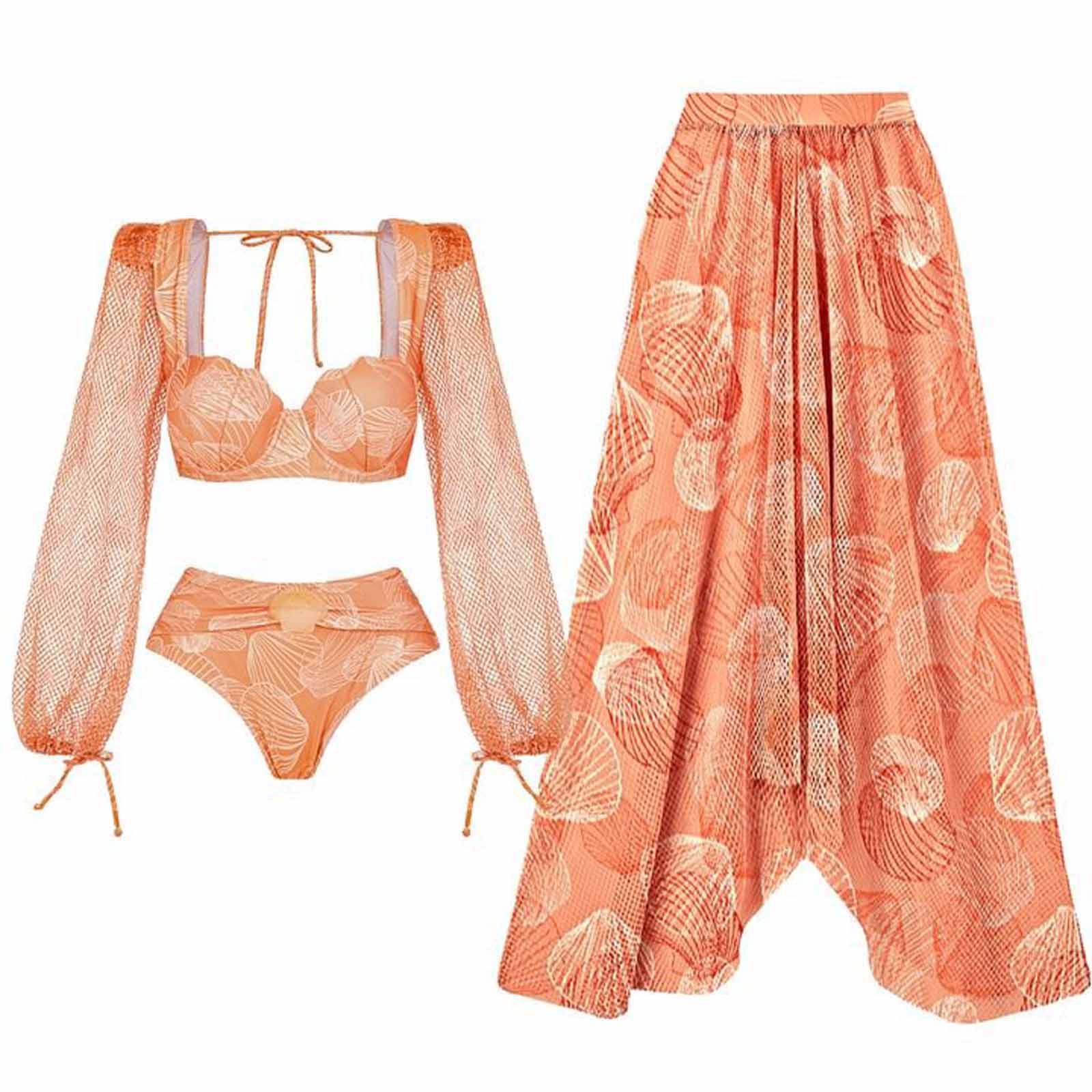 

Women Mesh Long Sleeve Bikini Set High Waisted Sheer Net Swimsuit Two Piece Beach Bathing Suit L