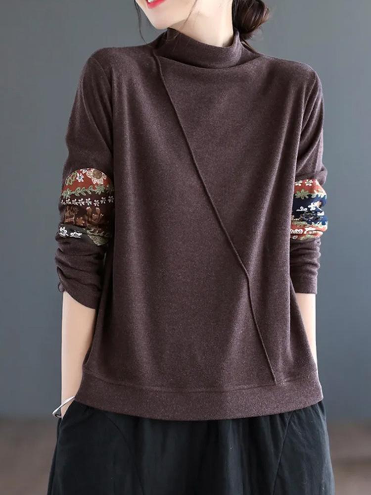 Maillard velvet long-sleeved semi-turtleneck long-sleeved bottoming shirt popular splicing design sticker T-shirt women