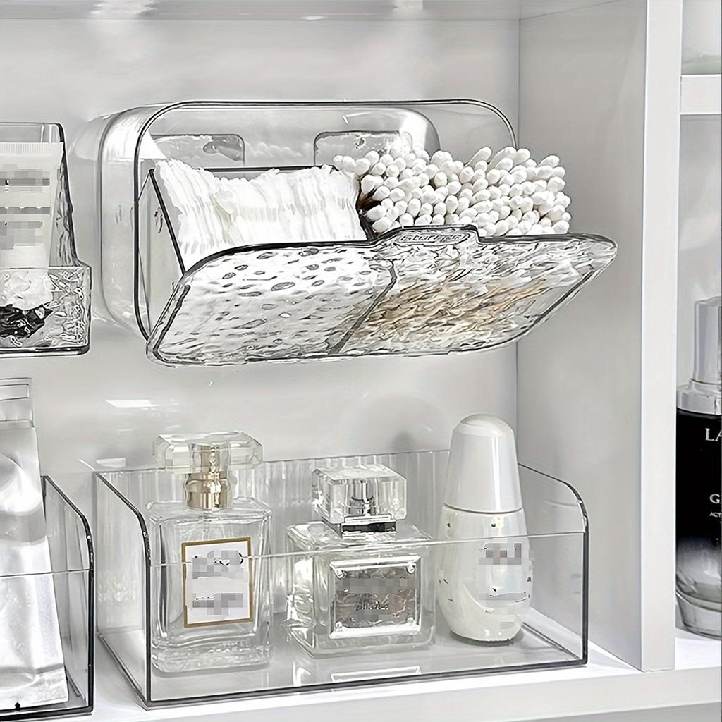 No-Drill Wall Organizer, Pull-Out Clear Trays for Bathroom & Kitchen. Save Space, Store Cosmetics, Lipsticks Easy!