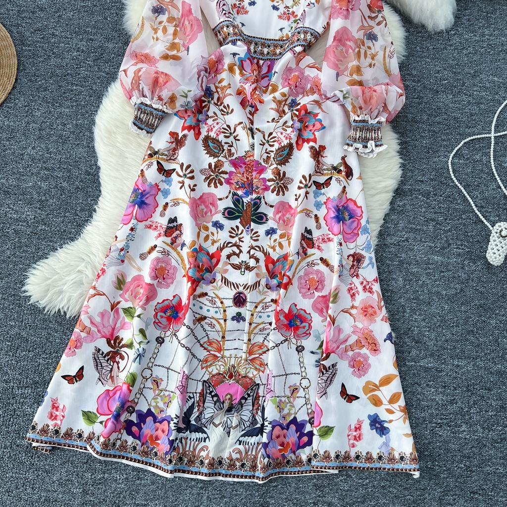 Spring Autumn Women Print Chiffon V-neck Puff Sleeve Long Maxi Holiday Beach Dresses