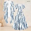 Women Plus Size Two Piece Set Square Neck Printed Tie Waist Flared Dress 3 4 Sleeve Open Cardigan White Navy Blue