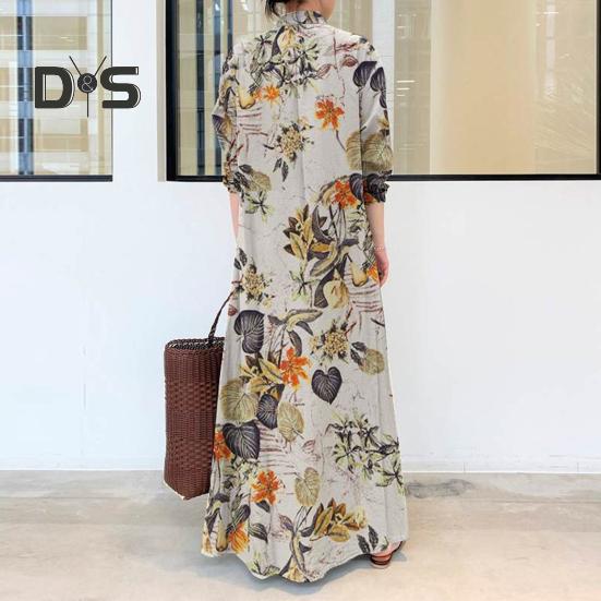 Damenkleid, locker, bunt, Blumendruck, knöchellang, lange Ärmel, Taschen, A-Linie, Revers, einreihig, weich, atmungsaktiv, Herbst/Frühling, Maxikleid