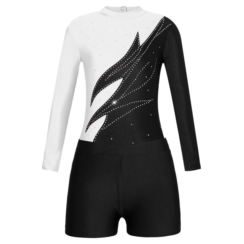 Kids Girls Long Sleeve Mock Neck Shiny Rhinestones Decor Leotard with Shorts for Dance Gymnastic Workout