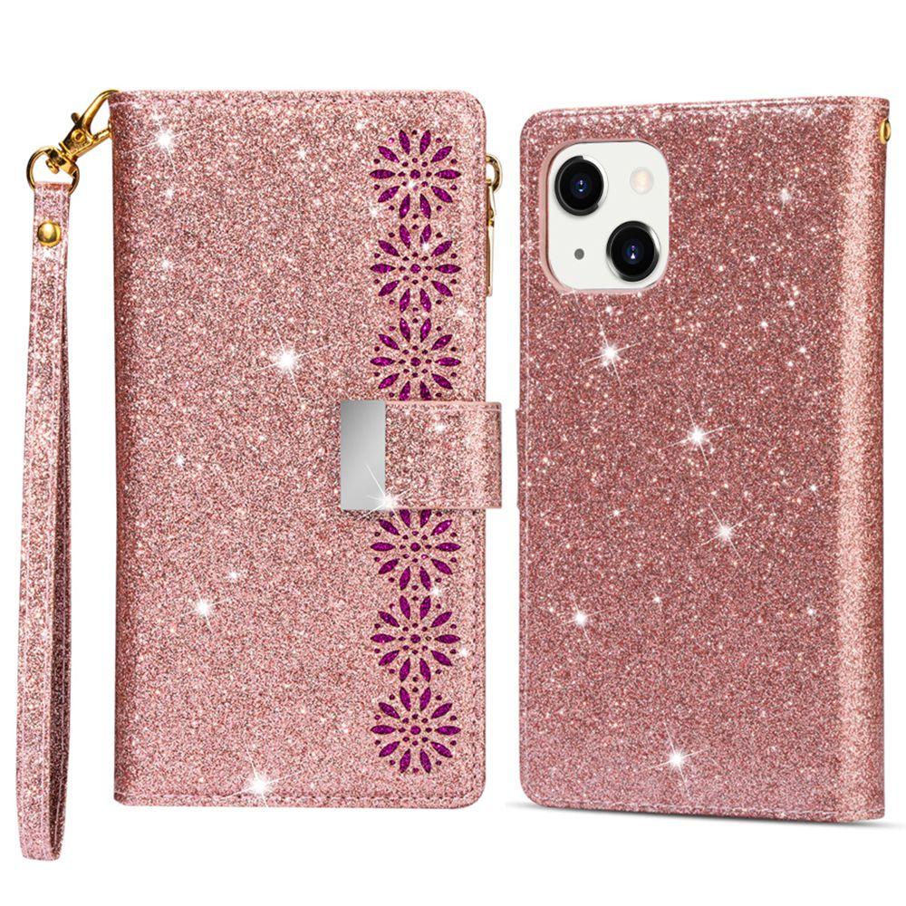 For iPhone 15 Zipper Wallet Stand Phone Case PU Leather Glittery Laser Carving Phone Cover