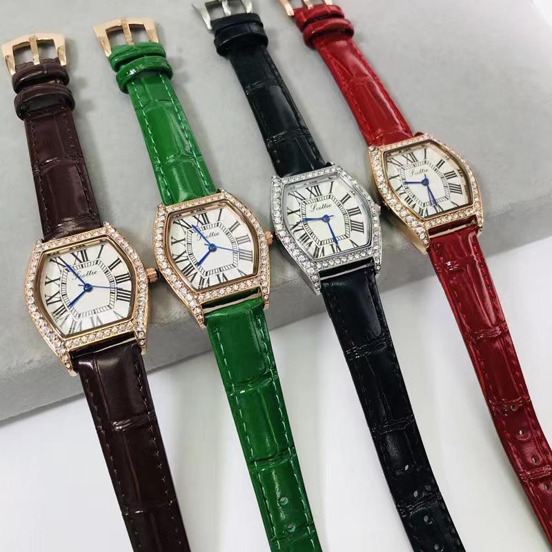 Barrel-Shaped Simple Watch Women'S Fashion Diamond-Encrusted Roman Face Leather Waterproof Women'S Watch