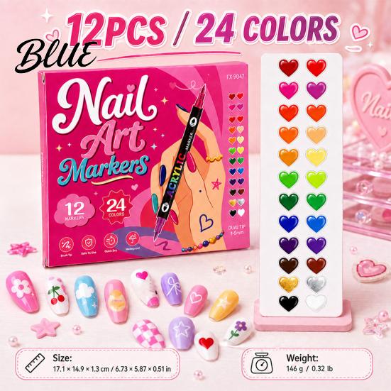Quick Drying Nail Polish Pens 12Pcs Dual‑Tip Art Markers Set 24 Colors Acrylic Painting Pens Supplies for Salon Dry Waterproof Drawing DIY