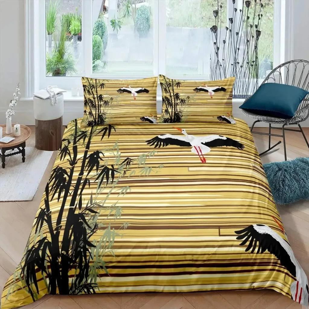 Bamboo Duvet Cover Set Bamboo Branches Bedding Set Tree Print Comforter Cover Fashion Retro Floral Style Quilt Cover Queen Size