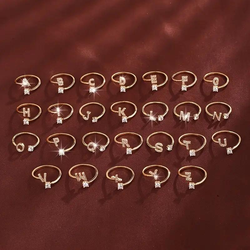26 English Letter Micro-set Zircon Fashion Women's Ring, Copper-plated 14K Open Plain Ring