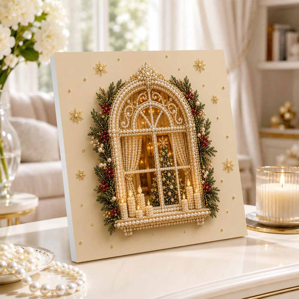 Pearl Painting Christmas Art Kit DIY Home Decor Painting. Arched Window Scene. Winter Tree. Holiday Ornament. Elegant Craft.