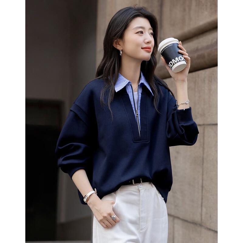 Demana Women's Fall Faux Two-Piece Striped Polo Sweatshirt