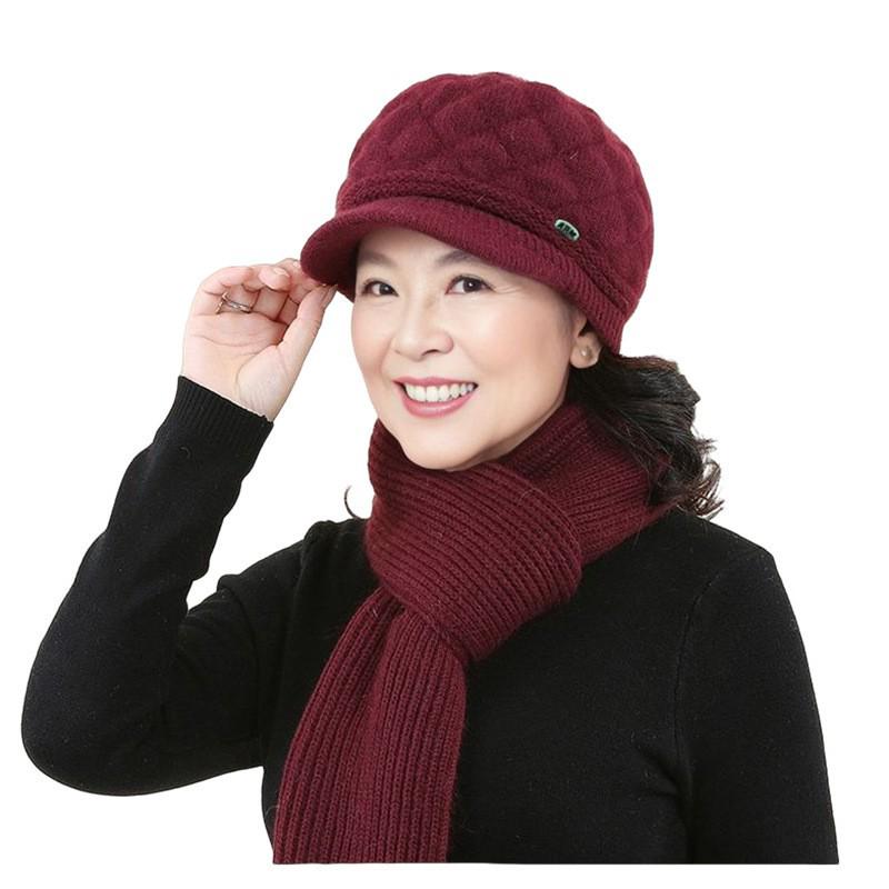 Elegant Winter Woolen Hat & Scarf Set for Women: Warm, Thick Knit with Ear Protection, Perfect for Middle-Aged & Elderly Ladies.