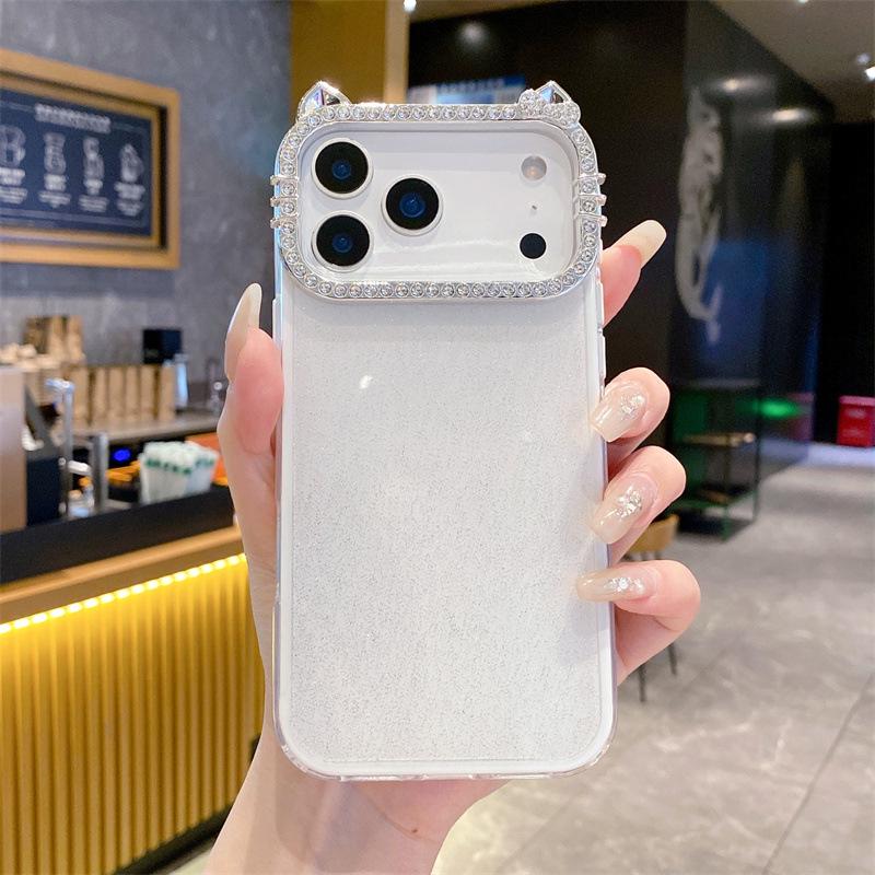Sweet Girl Minimalist Rhinestone Cat Ear Case for iPhone 17 Pro Max 16