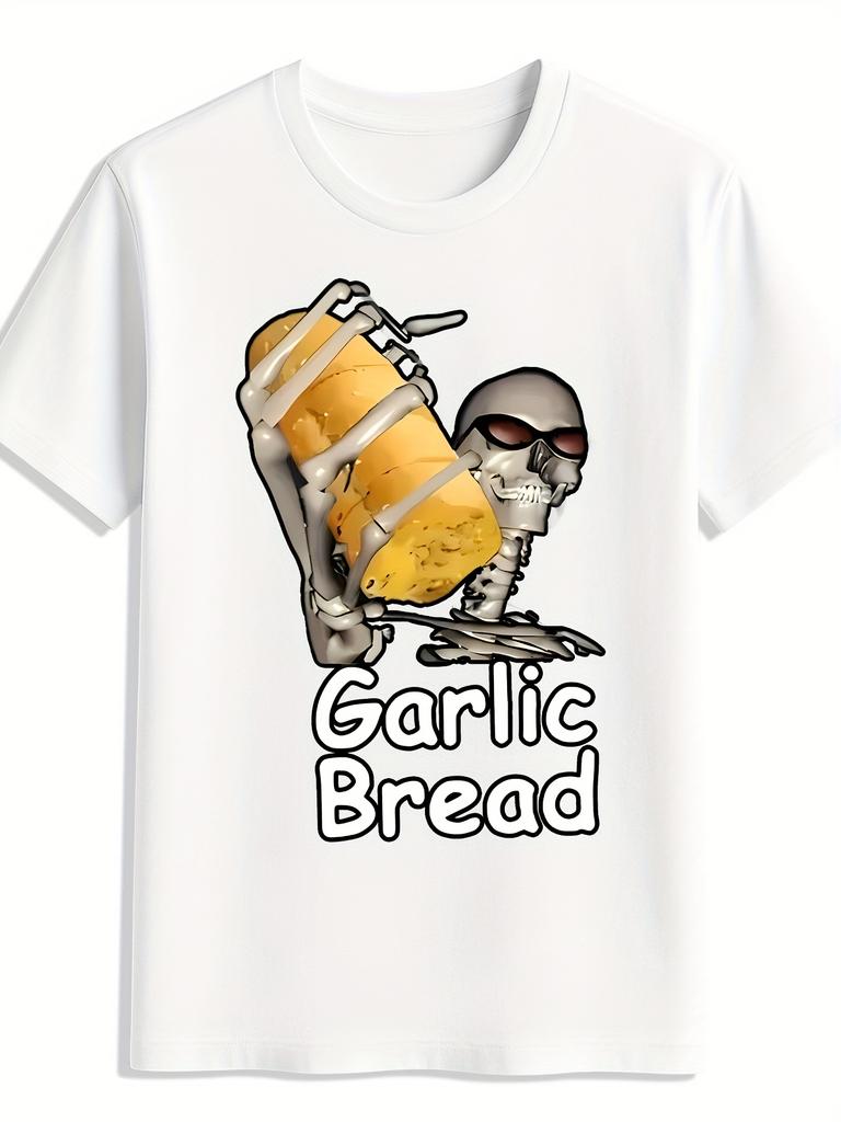 Men's Black Graphic T-shirt - Fun "Garlic Bread" Print Skeleton Design Round Neck Short Sleeve T-shirt Soft Street Hip Hop Shirt