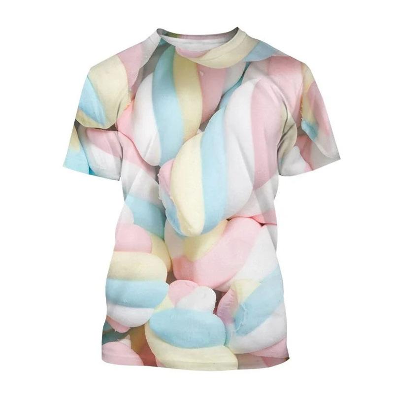 Candy 3D Printed Short Sleeved T-shirt Summer Breathable Polyester Simple Round Neck Top