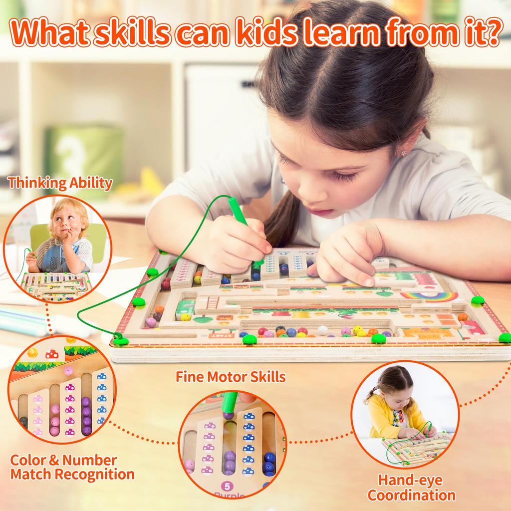 Wooden Magnetic Board Puzzle: Color Matching & Number Counting Maze, Preschool Stem Learning Toy For Fine Motor Development