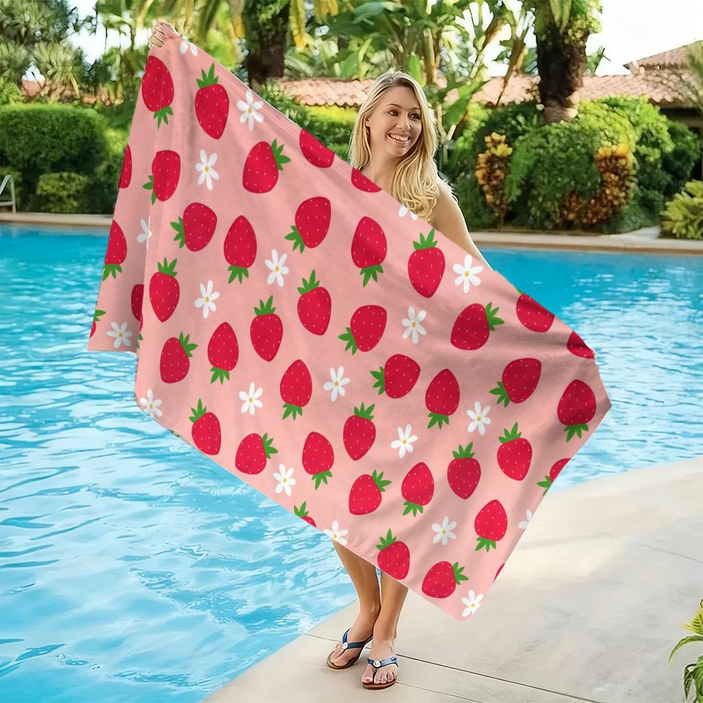 Cute Strawberry Print Beach Towel, Soft Absorbent Microfiber Quick Dry Bath Towel, Oversized Sand-Free Towel for Summer Beach