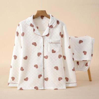 Ensemble de Pyjama Cœur en Coton Matelassé Automne-Hiver avec Col Rabattu pour Femmes – Respirant et Chaud