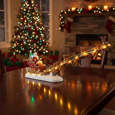 Christmas Santa Claus Sleigh and Reindeer Figurine with LED Lights Santa Sleigh Ornament Xmas Home Tabletop Decoration Gift