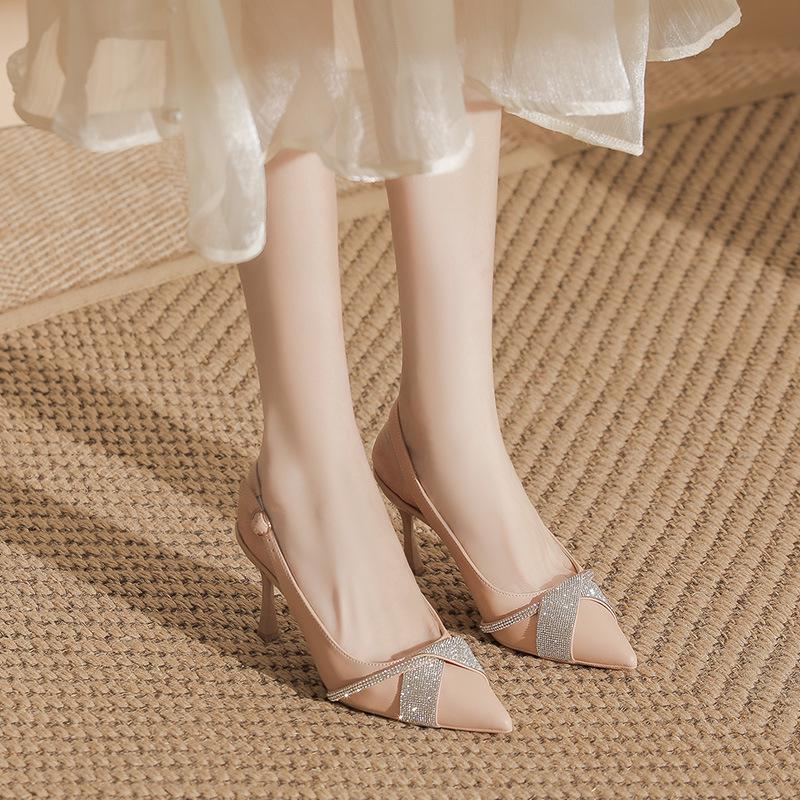 BYZ Backless Pointed Toe Stiletto Microfiber Rhinestone Buckle Heels - Versatile Commuter Work Shoes for Women