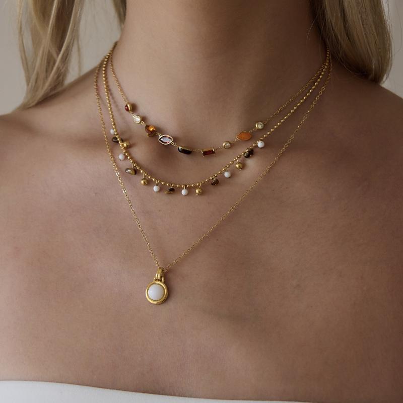 Natural Stone Zircon Crystal Pendant Necklace For Women  Gold Pvd Plated Stainless Steel Necklace Fashion Jewelry Gift