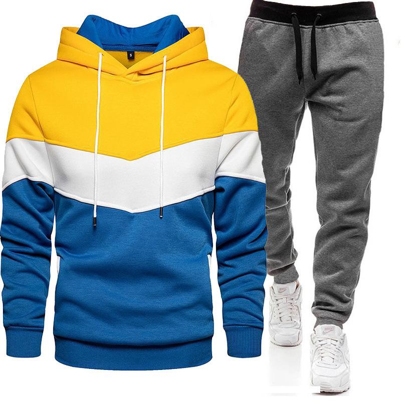 Sports Suit Men's Plus Loose Hooded Sweatshirt Sweatpants Color Blocked 2-piece Set Light Panel