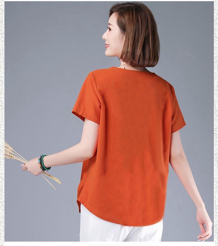 Tricou de damă larg din bumbac-in imprimat cu mânecă scurtă - Vară 2021, Mărimi mari, Stil literar pentru mame de vârstă mijlocie.