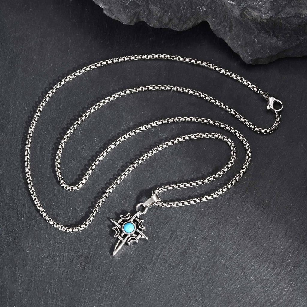 Stainless Steel Men's Retro Necklace with Star Moon Turquoise Pendant (PN-2111)